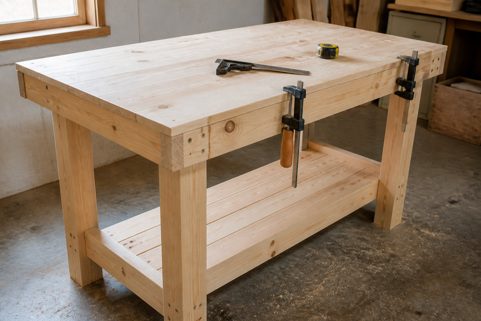 Beginner workbench on a garage floor with a square and tape measure on the top
